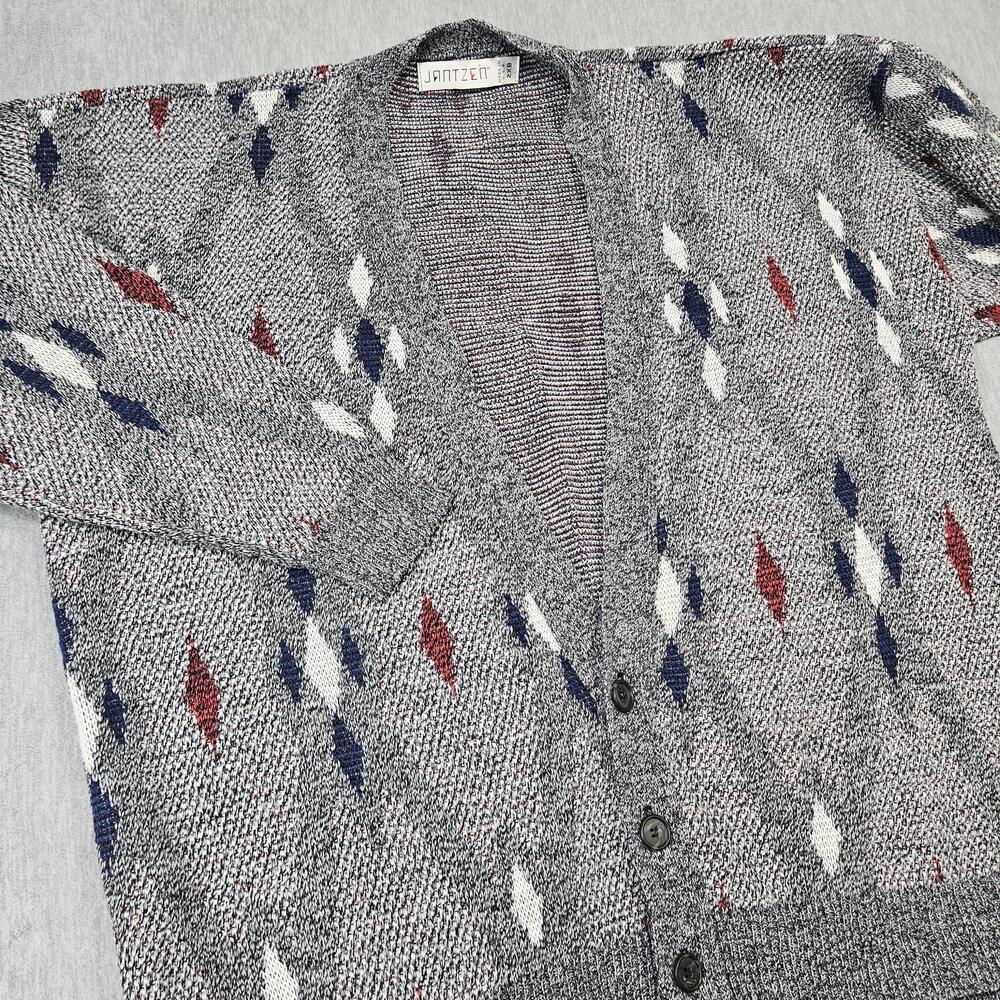 Vintage Jantzen Sweater Mens 2XB Gray Button Cardigan Argyle Knit 90s Made USA